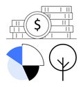 Stacked coins with a dollar sign, a pie chart, and a tree outline representing finance and sustainability Royalty Free Stock Photo