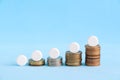 Stacked coins with white pills on the top Royalty Free Stock Photo