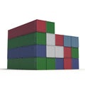 Stacked color cargo containers over white 3D Illustration