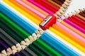 Stacked colored pencils and sharpener Royalty Free Stock Photo