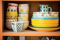 stacked colorful ceramic dinnerware in a cupboard Royalty Free Stock Photo