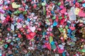 Stacked colorful keys of writing the names of many couples is locked on the namsan mountain at seoul tower