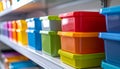 Stacked colorful plastic storage containers on shelf Royalty Free Stock Photo