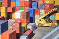 Stacked containers in the container terminal. Global transportation and logistic freighting ship service