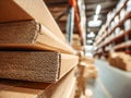 Stacked corrugated cardboard sheets ready for packaging in a large warehouse with metal shelving and blurred background Royalty Free Stock Photo
