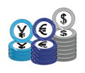 Stacked currency coins yen euro dollar money Royalty Free Stock Photo