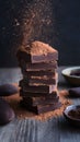 Stacked dark chocolate pieces paired with rich cocoa powder, decadent delight