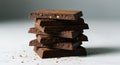 Stacked dark chocolate squares with hazelnut pieces and cocoa powder dusting Royalty Free Stock Photo