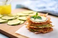stacked dehydrated zucchini pizza crusts beside zucchinis