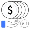 Hand with dollar coins and video play button representing digital payment and online monetization Royalty Free Stock Photo