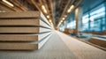 Stacked drywall sheets lined up in a spacious, brightly lit warehouse with focused depth of field and industrial windows in the Royalty Free Stock Photo