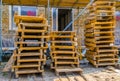 Stacked empty pallets at the construction site of Rucphen, The Netherlands, 6 may, 2022