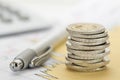 Stacked euro coins on table sheet Royalty Free Stock Photo