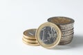 Stacked euro coins on white background, closeup Royalty Free Stock Photo