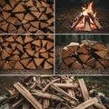 Stacked firewood in multiple formsâlog piles with split and rough textures. Top right Royalty Free Stock Photo