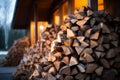 Stacked Firewood Outside Cozy Cabin.
