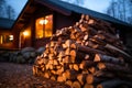 Stacked Firewood Outside Cozy Cabin.