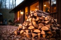 Stacked Firewood Outside Cozy Cabin.