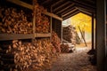 stacked firewood in a shed, ready for winter use Royalty Free Stock Photo