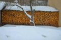 Stacked firewood in winter time. Royalty Free Stock Photo