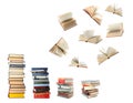 Stacked and flying books on white background, collage