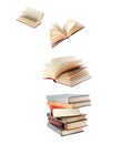 Stacked and flying books on white background, collage Royalty Free Stock Photo