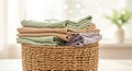 Stacked Folded Laundry in Wicker Basket Royalty Free Stock Photo