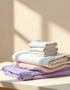 Stacked folded linens on a laundry table in soft pastel colors Royalty Free Stock Photo