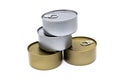 4 stacked food cans, gray and copper cans Royalty Free Stock Photo