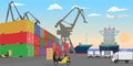Stacked freight containers at a sea port dock. High detailed cargo ships cars and forklift cars. Flat Vector