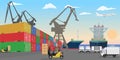 Stacked freight containers at a sea port dock. High detailed cargo ships cars and forklift cars. Flat Vector