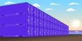 Stacked freight containers at a sea port dock. Vector illustration.