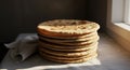Stacked Freshly Baked Flatbreads Illuminated by Natural Sunlight on a Table Royalty Free Stock Photo