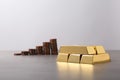 Stacked gold bars and coins on table