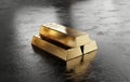 Stacked Gold bars placed on glossy background 3D rendering