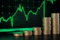 Stacked coins with growing green forex chart on dark backdrop. Stock market and trade concept. 3D Rendering