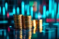 Stacked Golden Coins on Reflective Surface with Glowing Financial Graphs