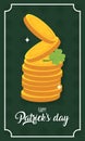 Stacked golden coins and shamrock leaf. Vector Royalty Free Stock Photo