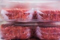 Stacked grass fed organic raw beef burgers layered between wax paper in plastic containers. Preparing barbecue grill meal