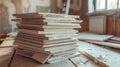 Stacked gypsum plasterboard in a construction setting with natural light