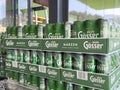 Stacked gÃ¶sser mÃ¤rzen beer cans displayed in store Royalty Free Stock Photo