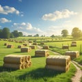 Stacked Hay Bales in a Green Field with Winding Path and Trees round bales rectangular bales Royalty Free Stock Photo