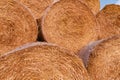 Stacked hay bales after harvest at the edge of the field with sun rays. Dry straw pressed into individual straw bales Royalty Free Stock Photo