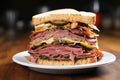 stacked high: a triple decker sandwich with roast beef