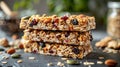 Stacked homemade granola bars packed with nuts, seeds, and dried fruits. Generative AI Royalty Free Stock Photo