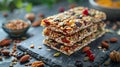 Stacked homemade granola bars packed with nuts, seeds, and dried fruits. Generative AI Royalty Free Stock Photo