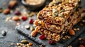 Stacked homemade granola bars packed with nuts, seeds, and dried fruits. Generative AI Royalty Free Stock Photo