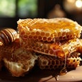 Stacked honeycomb pieces on a table, showcasing rural life