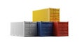 Stacked industrial intermodal cargo transport or shipping containers storage over white background