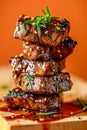 Stacked Juicy Teriyaki Glazed Pork Chops with Sesame Seeds and Fresh Herbs on a Wooden Board, Close up